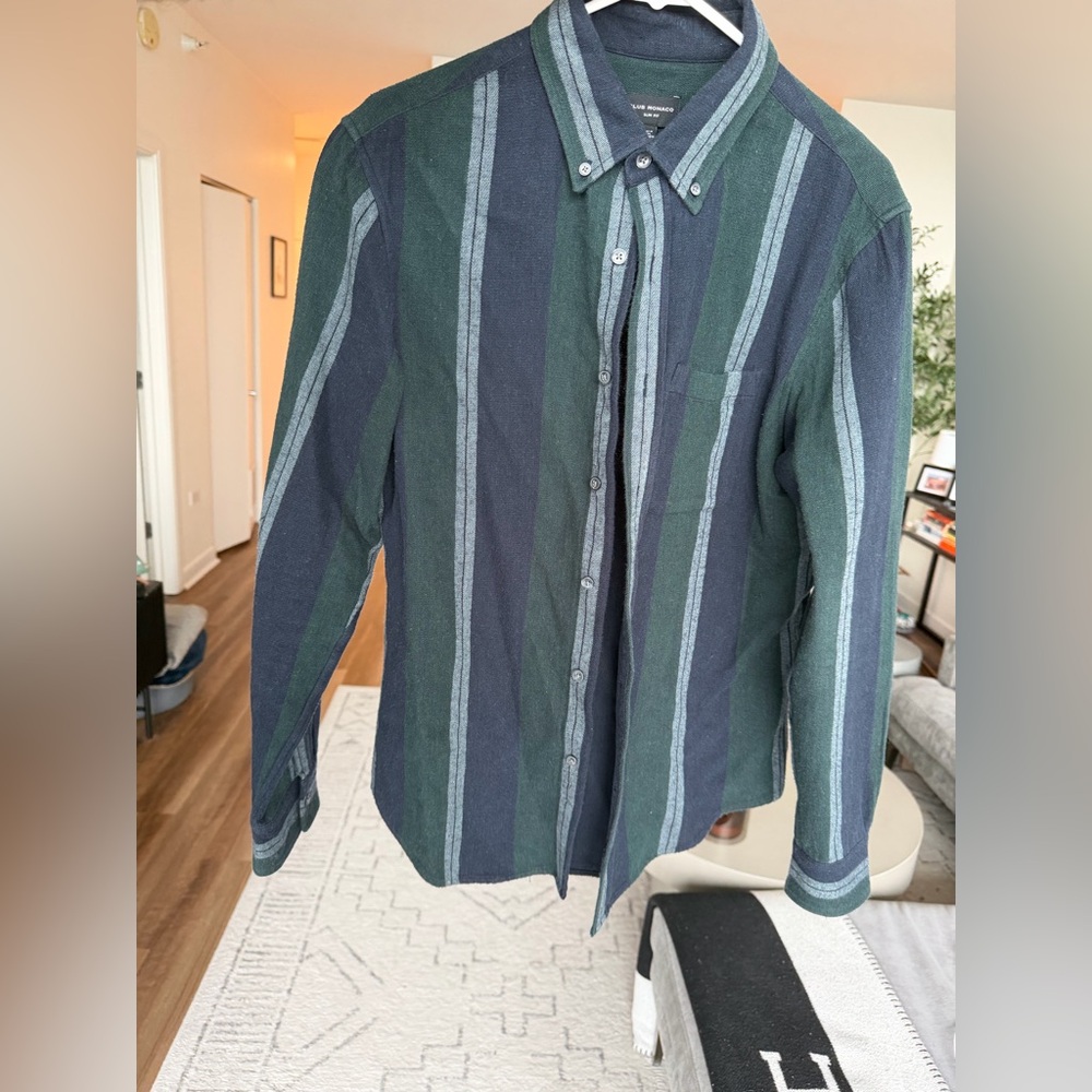 Club Monaco Green and Navy Vertical Stripe Button-Down Shirt